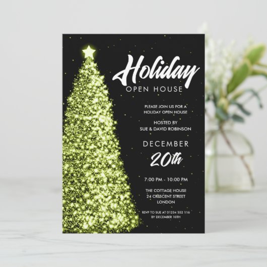 Weihnachtsfeiertag Open House Partys Green Einladung (Stehend Vorderseite)