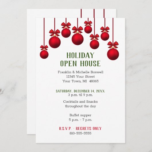 Weihnachtsfeiertag Open House Rote Ornamente Einladung (Vorne/Hinten)