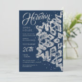 Weihnachtsfeiertag Open House Silver Glitzer Navy Einladung (Stehend Vorderseite)