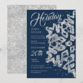 Weihnachtsfeiertag Open House Silver Glitzer Navy Einladung (Vorne/Hinten)