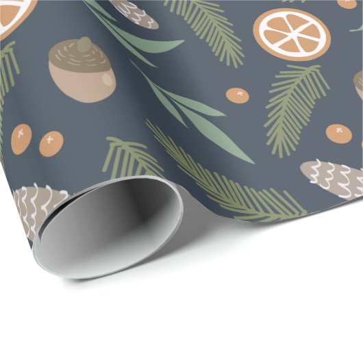 Weihnachtsfeiertag Pine & Beries Patternblau Geschenkpapier (Rolleneckpunkt)
