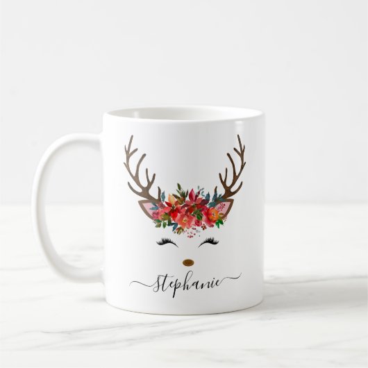 Weihnachtsfeiertag Reindeer Floral Personalisiert Kaffeetasse (Links)