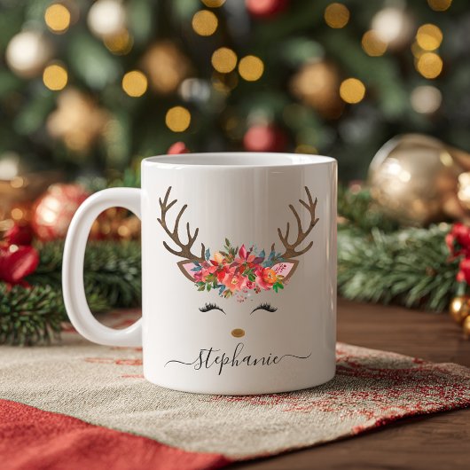 Weihnachtsfeiertag Reindeer Floral Personalisiert Kaffeetasse