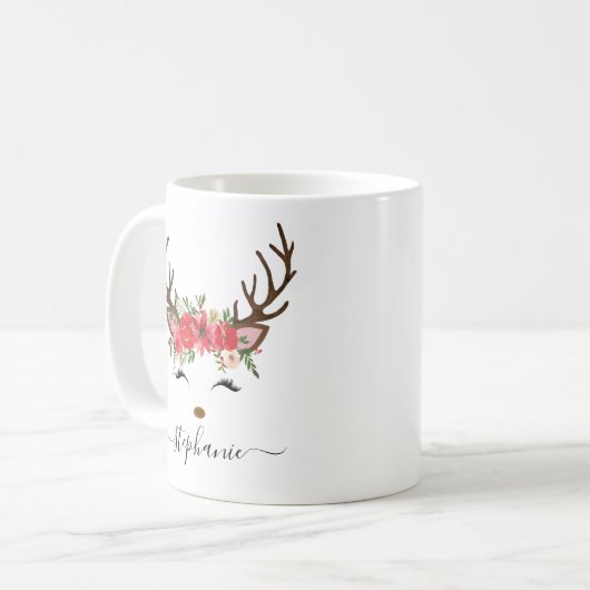 Weihnachtsfeiertag Rentier Floral Personalisierte Kaffeetasse (Vorderseite Links)