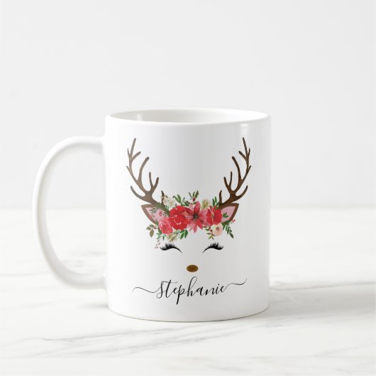 Weihnachtsfeiertag Rentier Floral Personalisierte Kaffeetasse (Links)