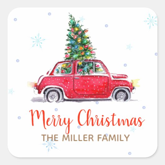 Weihnachtsfeiertag Rotes Auto Quadratischer Aufkleber (Vorderseite)