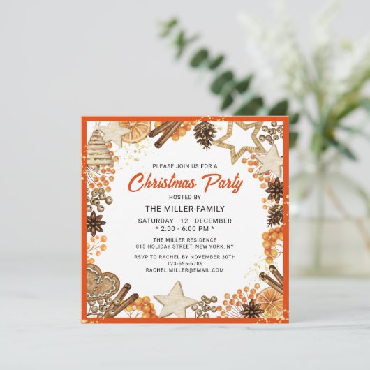 Weihnachtsfeiertag Rustikales Party Orange Einladung (Stehend Vorderseite)