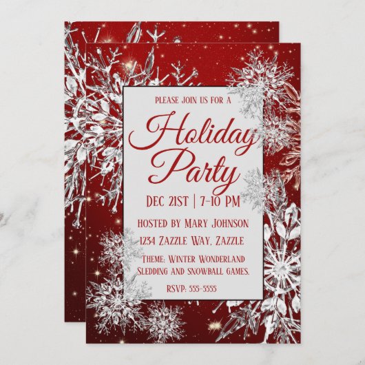 Weihnachtsfeiertag Schneeflocke Rot Einladung (Vorne/Hinten)
