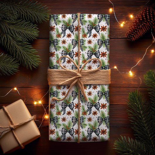 Weihnachtsfeiertag Schwarz-weiß Gingham Karo Bows Geschenkpapier