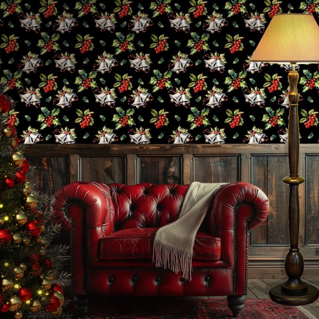 Weihnachtsfeiertag Silberglocken und Holly Tapete (Vintage Christmas Holiday Silver Bells and Holly Black Wallpaper)