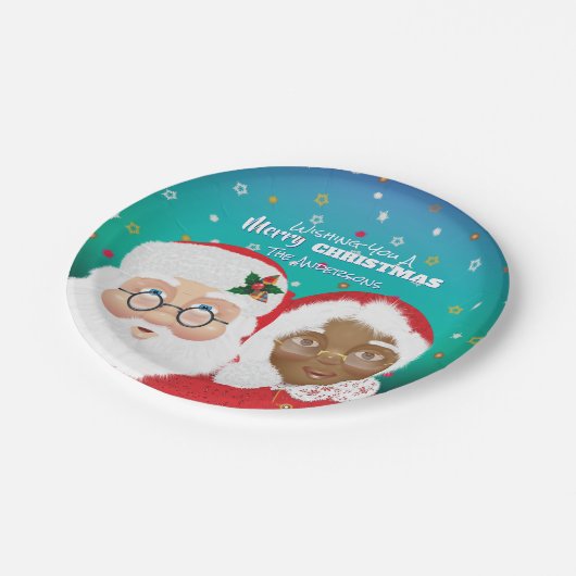 Weihnachtsfeiertag und Frau Claus Biracial Pappteller (Schrägansicht)