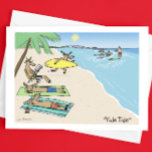 Weihnachtsfeiertag und Rentier Beach Weihnachten<br><div class="desc">Humorvolle Weihnachtskarte. Cartoon von Santa und seine Rentiere auf einem sonnigen tropischen Strand Urlaub. Shirless Santa Clause in roten Schwimmstämmen ist auf den Wellen reiten. Ein Rentier läuft mit einem Surfbrett. Andere Rentiere bräunen oder lesen auf dem Sand. Der Titel lautet "Weihnachten Tide". Im Innern der Karte: "Herzliche Urlaubswünsche." Der...</div>