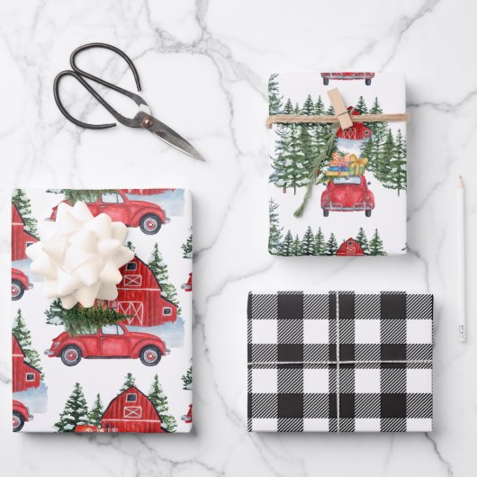 Weihnachtsfeiertag Vintag Red Car Barn Tree Black Geschenkpapier Set (Vorderseite)
