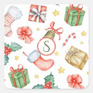 Weihnachtsfeiertag Vintage Farbe Monogramm Quadratischer Aufkleber