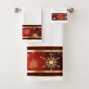 Weihnachtsfeiertag Winter Rot mit Gold Schneeflock Badhandtuch Set