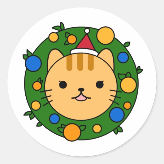 Weihnachtsfeiertag Wreath Orange Cat Gefallen Runder Aufkleber (Vorderseite)