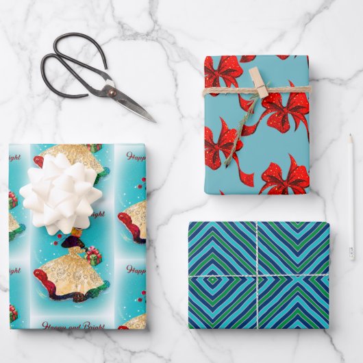 Weihnachtsfeiertage Geschenkboxen Gold Glitzer Gir Geschenkpapier Set (Vorderseite)