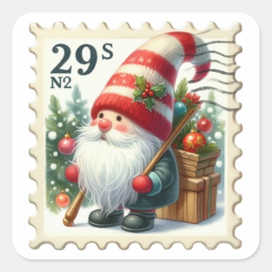 Weihnachtsfeiertage Gnomes Briefmarken Quadratischer Aufkleber (Vorderseite)