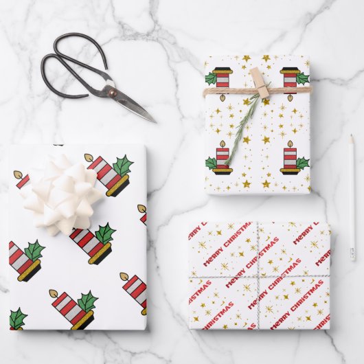 Weihnachtsfeiertage Gold Stars Kerzen Glitzer Wrap Geschenkpapier Set (Vorderseite)