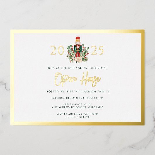 Weihnachtsfeiertage Open House Party Gold Folieneinladung (Vorderseite)