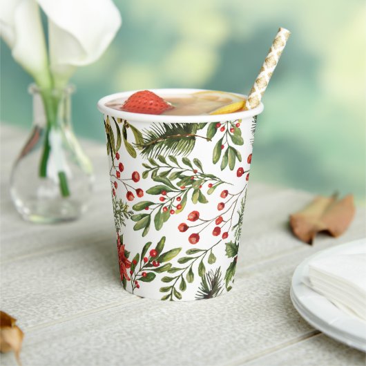 Weihnachtsfeiertage Pine Red Berries Botanischer G Pappbecher (In Situ)