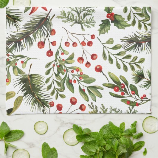 Weihnachtsfeiertage Pine Red Berries Geschirrtuch (Gefaltet)