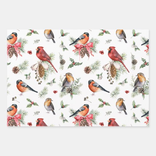 Weihnachtsfeiertage Rote Kardinäle Robins Geschenkpapier Set (Vorderseite 3)