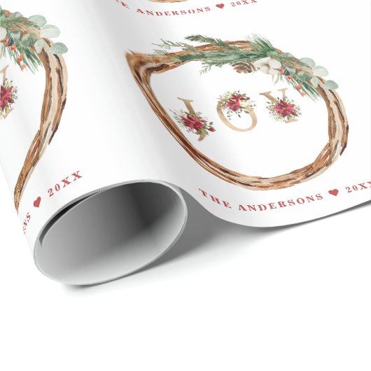 Weihnachtsfeiertage Wreath JOY Floral Script Geschenkpapier (Rolleneckpunkt)