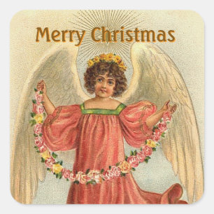 Weihnachtsfeiertags-Aufkleber mit Vintage-Engel Quadratischer Aufkleber