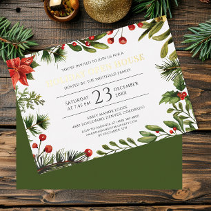 Weihnachtsfeiertags-Beeren-Grün-Hausparty Gold Folieneinladung