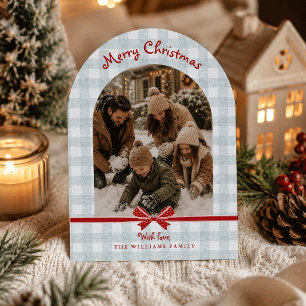 Weihnachtsfeiertags-Bogen-Fotokarte Gingham-Schlei Einladung