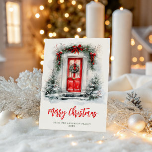 Weihnachtsfeiertags Festliche Rote Tür Aquarell Feiertagskarte