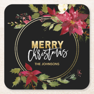 Weihnachtsfeiertags-Goldrot-Poinsettia Rechteckiger Pappuntersetzer