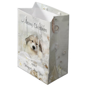 Weihnachtsfeiertags-große Pyrenäen-Welpen-Aquare Mittlere Geschenktüte