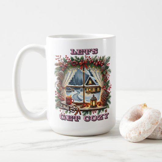 Weihnachtsfenster mit gemütlichen Dekorationen Kaffeetasse (Mit Donut)