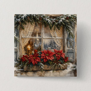 Weihnachtsfenster mit Poinsettie im Schnee Button