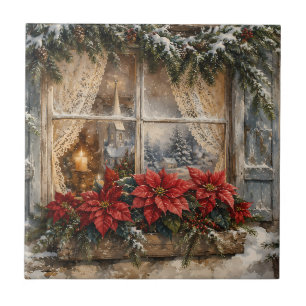Weihnachtsfenster mit Poinsettie im Schnee Fliese