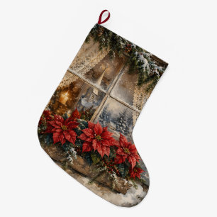 Weihnachtsfenster mit Poinsettie im Schnee Großer Weihnachtsstrumpf