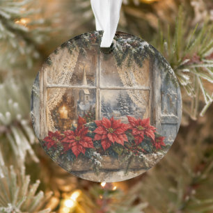 Weihnachtsfenster mit Poinsettie im Schnee Ornament