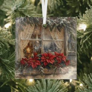 Weihnachtsfenster mit Poinsettie im Schnee Ornament Aus Glas