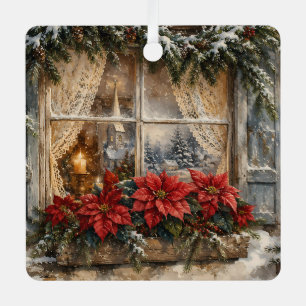 Weihnachtsfenster mit Poinsettie im Schnee Ornament Aus Metall