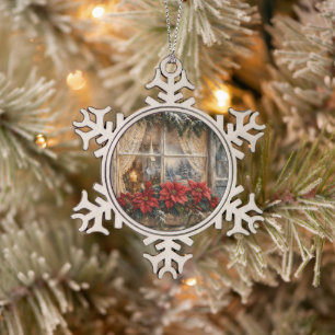 Weihnachtsfenster mit Poinsettie im Schnee Schneeflocken Zinn-Ornament