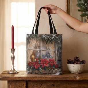Weihnachtsfenster mit Poinsettie im Schnee Tasche