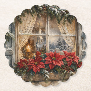 Weihnachtsfenster mit Poinsettie im Schnee Untersetzer