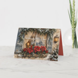 Weihnachtsfenster mit Poinsettien im Schnee Feiertagskarte