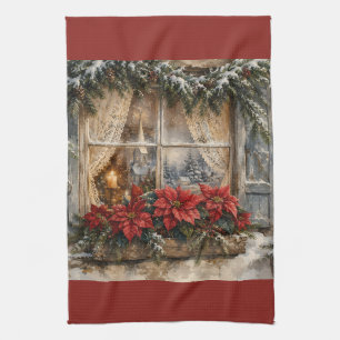 Weihnachtsfenster mit Poinsettien im Schnee Geschirrtuch