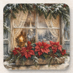 Weihnachtsfenster mit Poinsettien im Schnee Getränkeuntersetzer