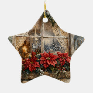 Weihnachtsfenster mit Poinsettien im Schnee Keramik Ornament