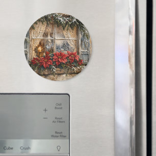 Weihnachtsfenster mit Poinsettien im Schnee Magnet
