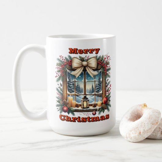 Weihnachtsfenster mit Winterlandschaft Kaffeetasse (Mit Donut)